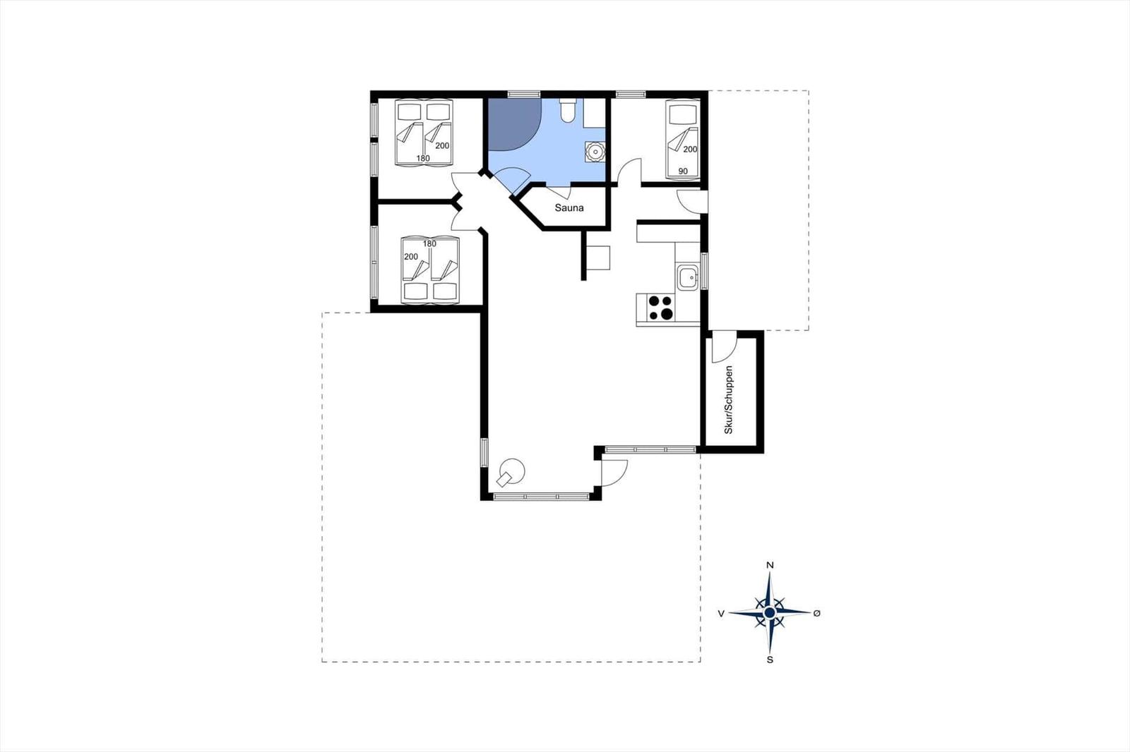 This apartment has three bedrooms, a sauna, and a kitchen.