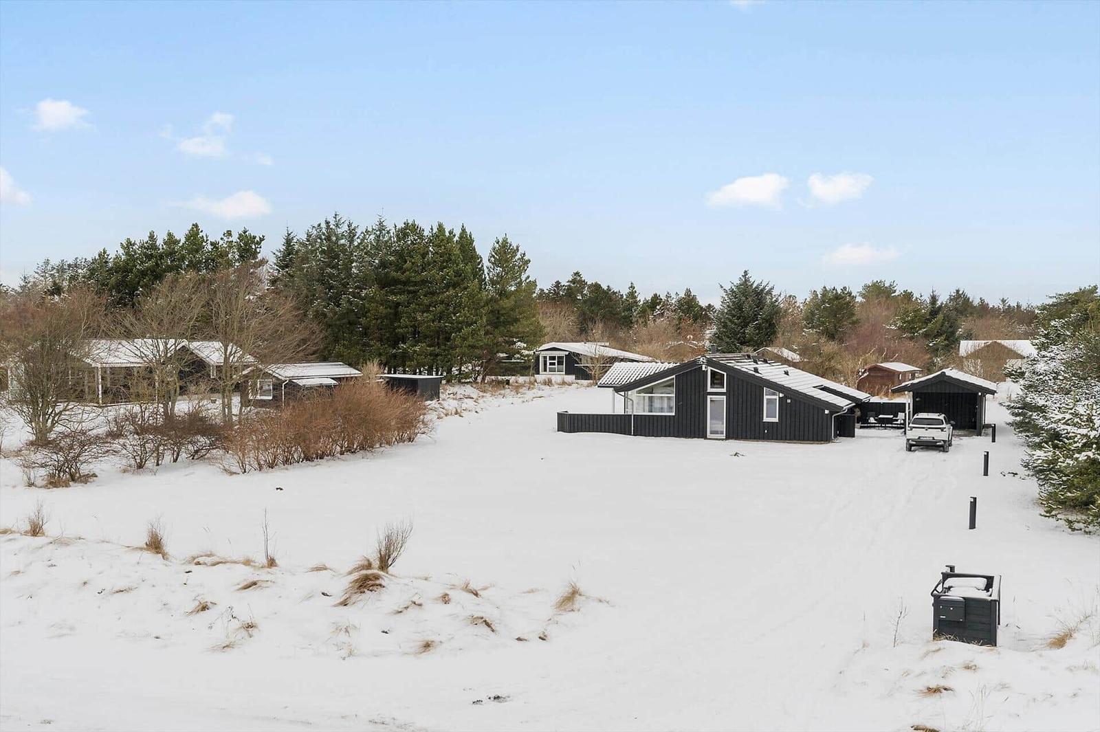 Black-painted houses covered in snow, surrounded by trees and snowy landscape.