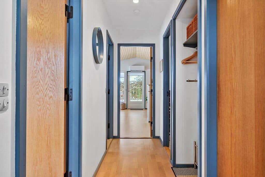Hallway with hardwood flooring and blue door frames. Walk-in closet and view into living area.