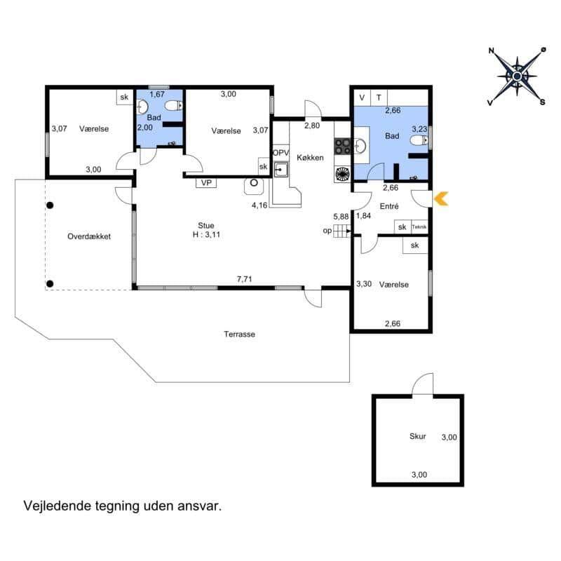 Functional floor plan with kitchen, two bedrooms, bathroom, and terrace.