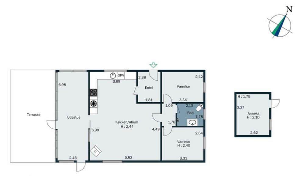 Functional floor plan with kitchen, bathroom, and terrace