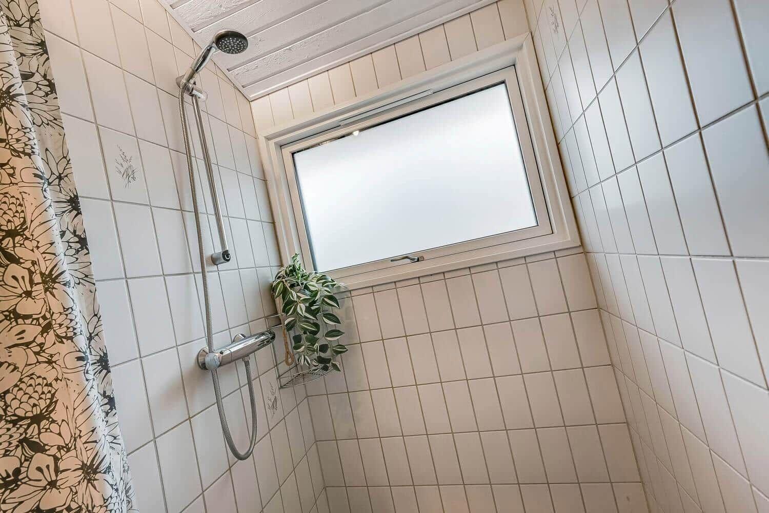 Dusche mit Duschbrause, Fenster und Pflanze an der Wand.