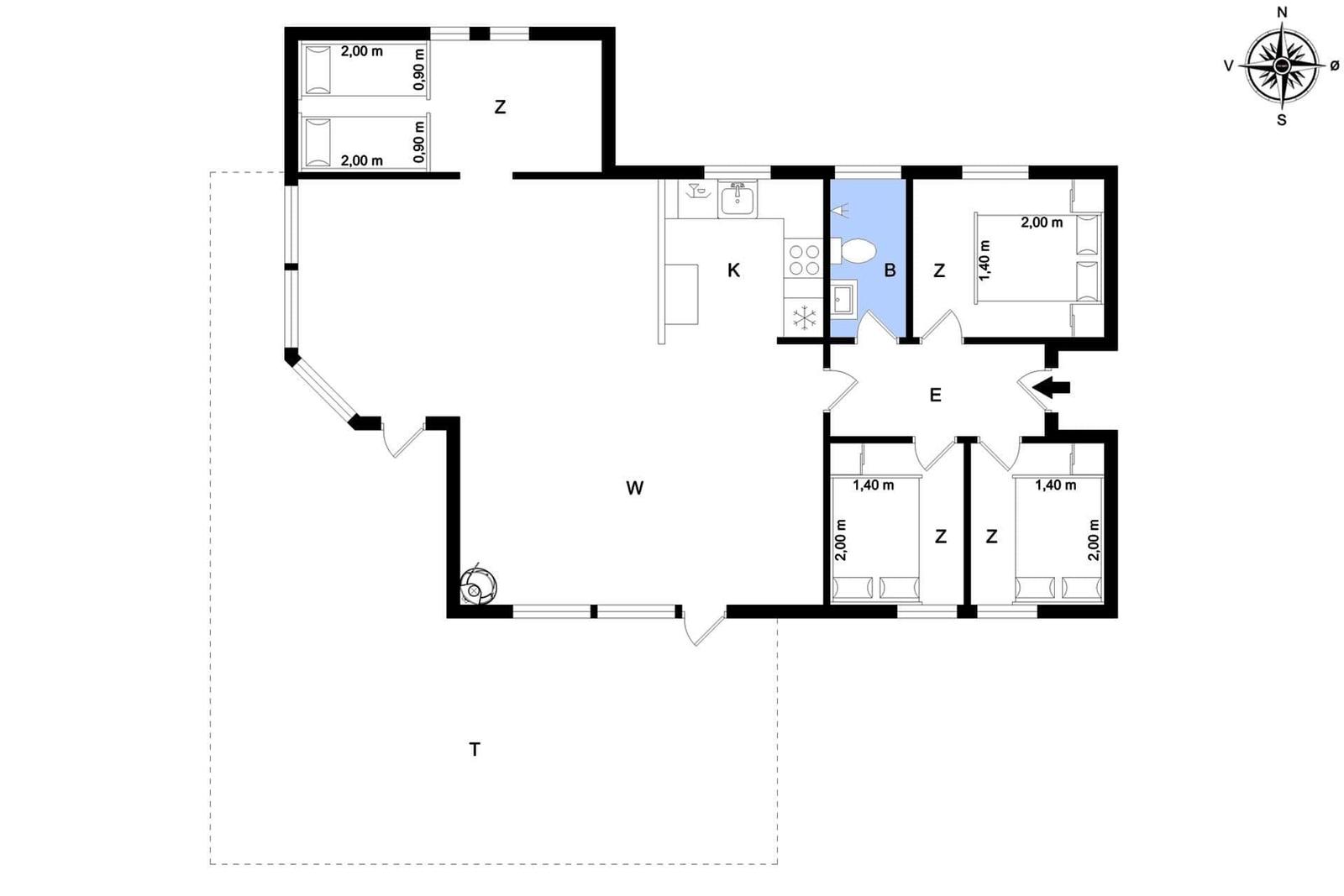 Wohnung mit vier Schlafzimmern, Küche und Bad. Großer Wohnbereich.
