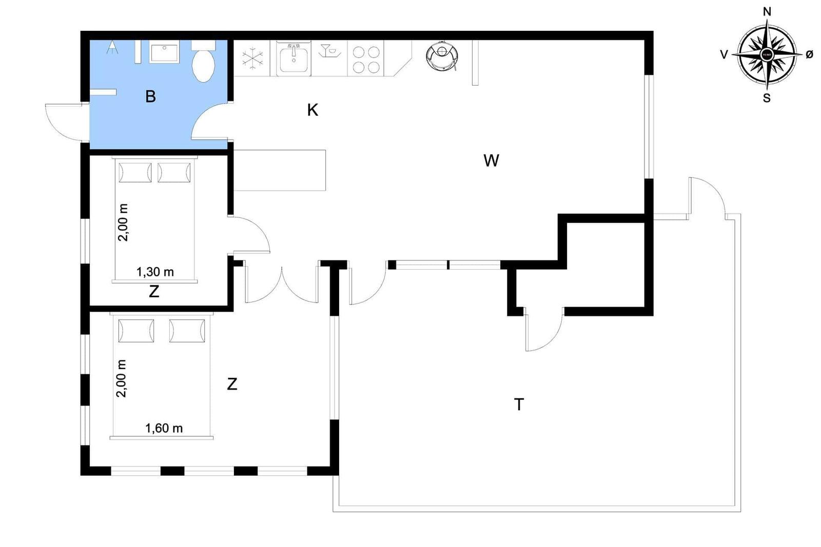 Wohnung mit Küche, Bad, zwei Schlafzimmern und Terrasse.