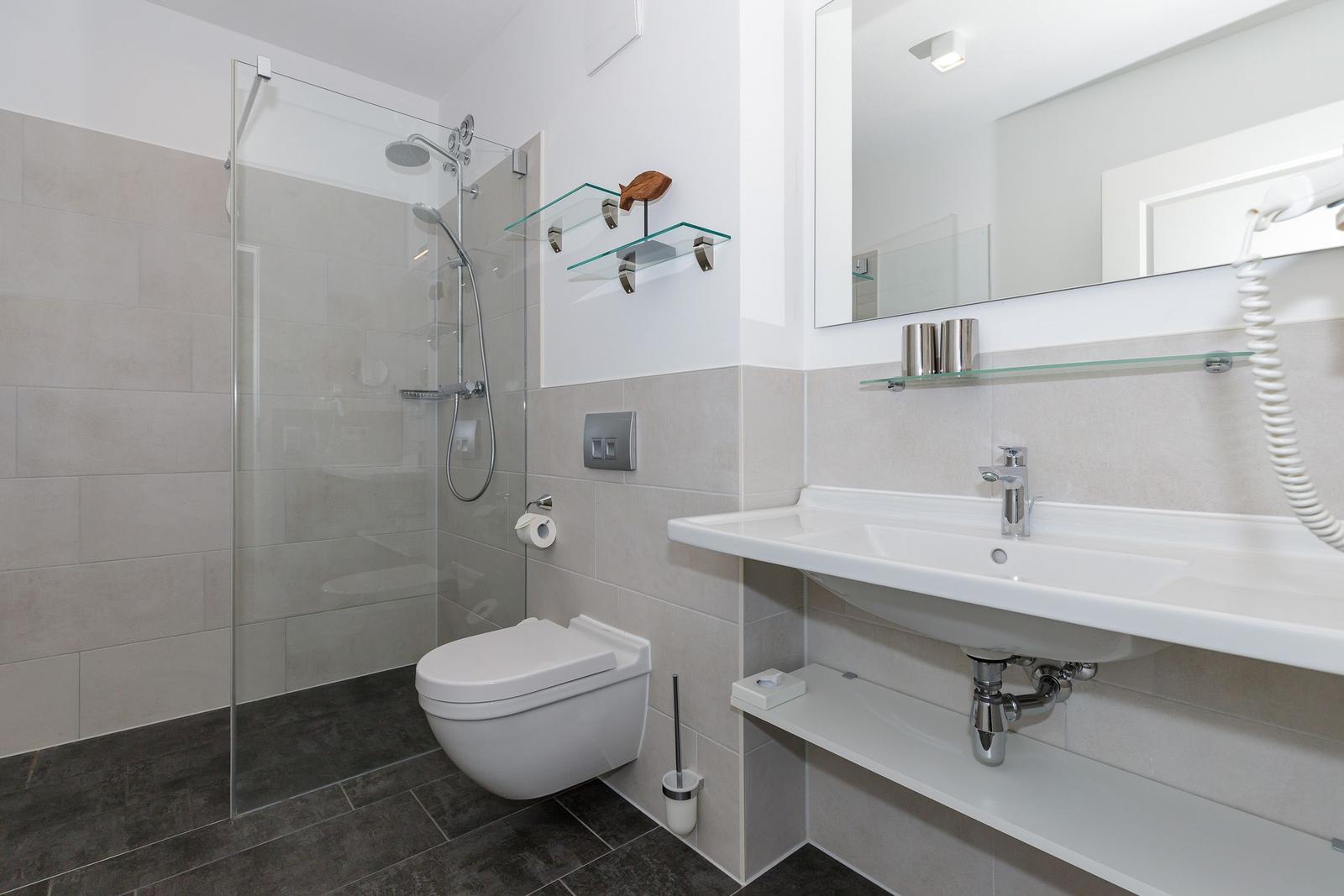 Badezimmer mit Dusche, WC und Waschbecken