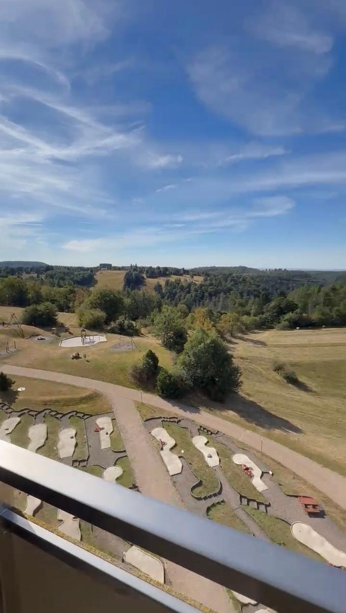 Blick auf einen Fahrrad- und Skatepark mit Grünflächen und Wald.