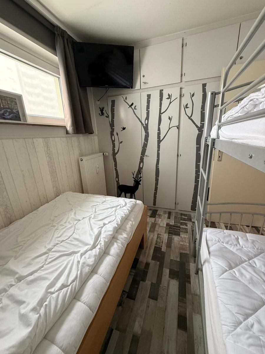 Schlafzimmer mit Doppelbett, Hochbett und TV an der Wand.