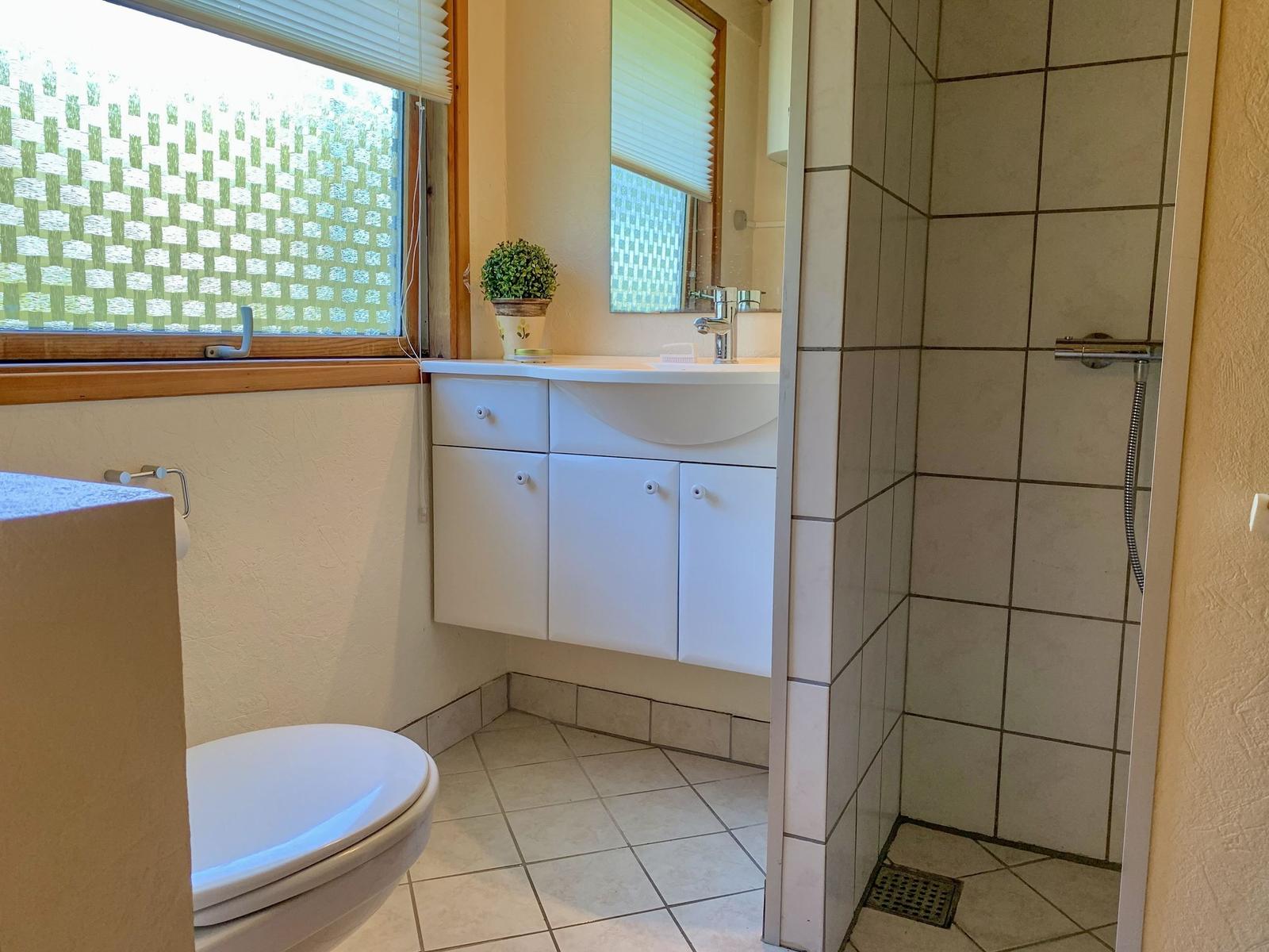 Badezimmer mit Toilette, Waschbecken und Dusche.