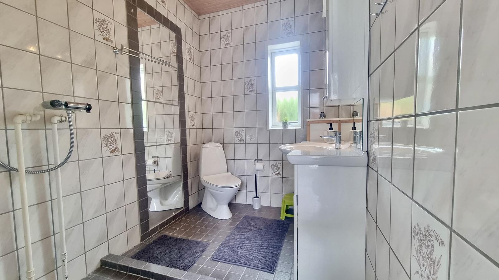 Badezimmer mit Dusche, Toilette und Waschbecken