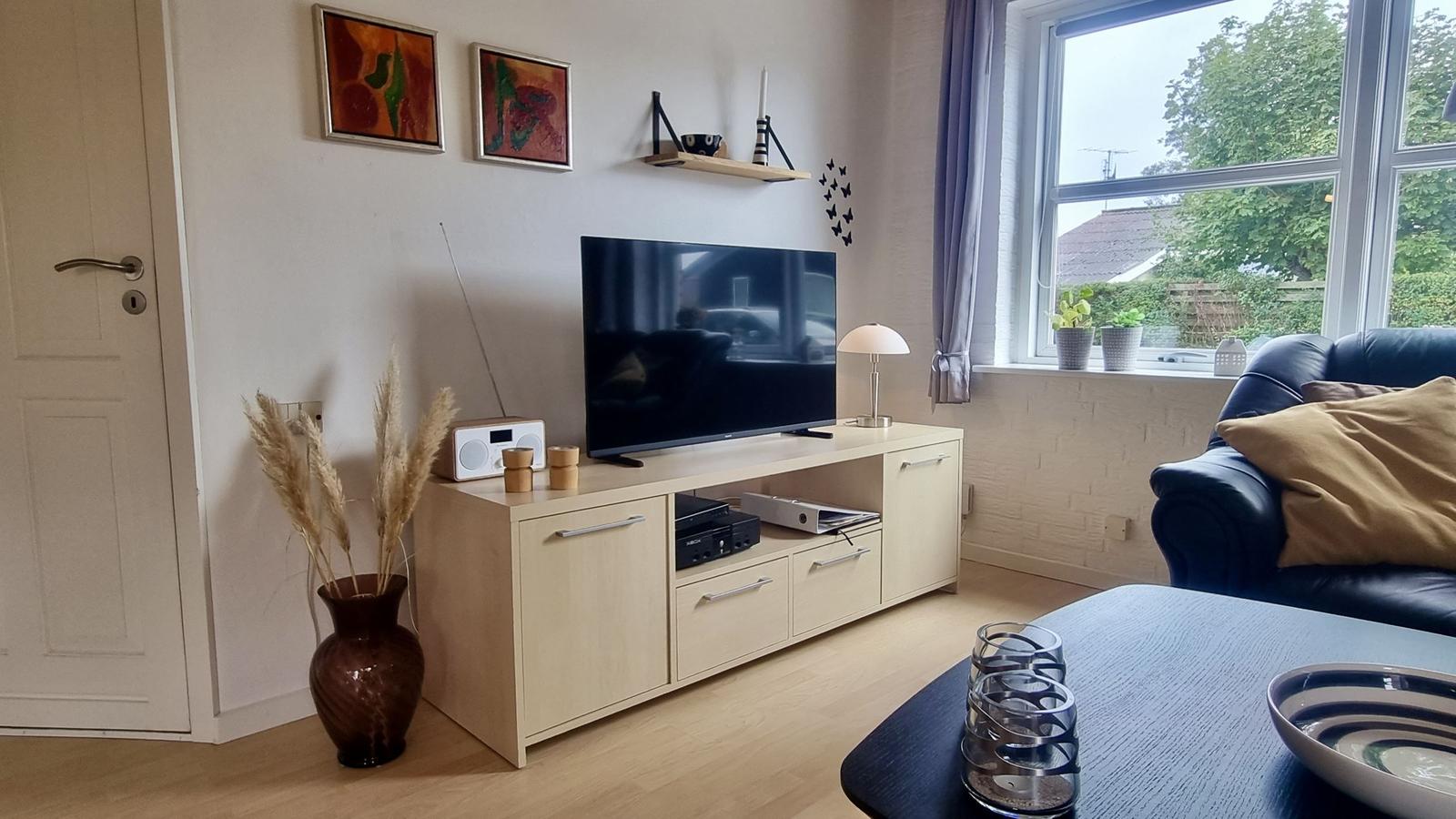 Wohnzimmer mit TV, Sofa und Fensterblick