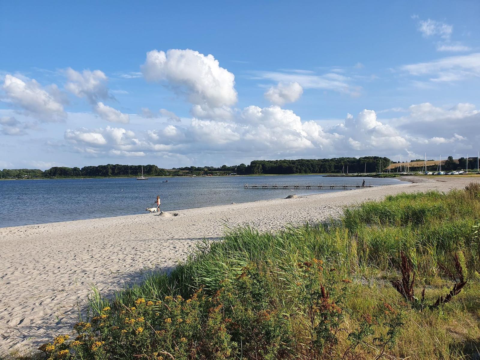 Strand mit Sand, Gras und Wasser unter blauem Himmel mit Wolken.