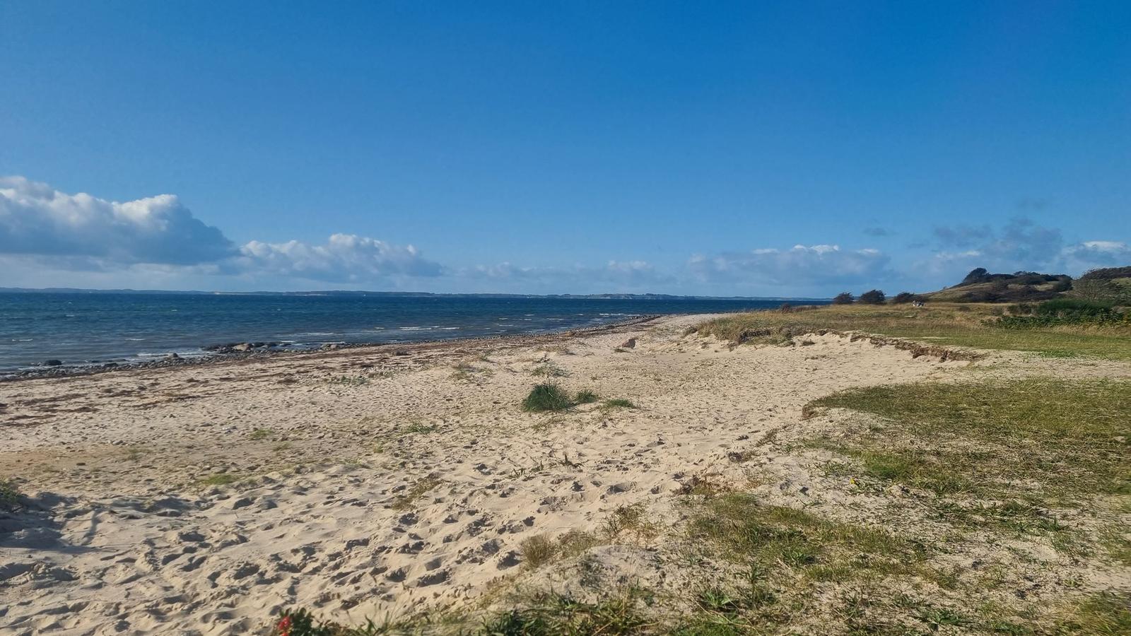 Strand mit Sand und Gras, Meer und blauer Himmel