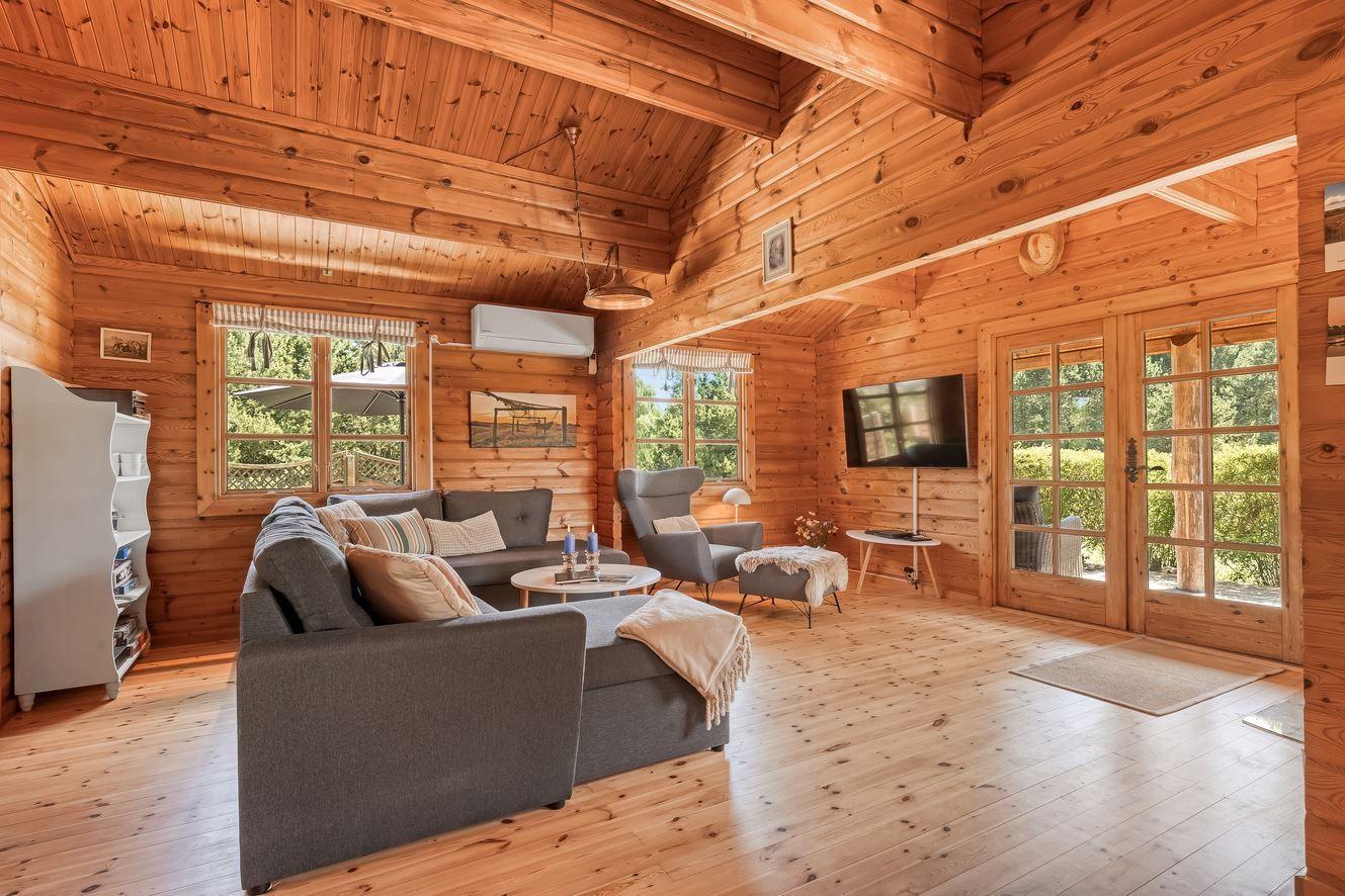 Holzvertäfelte Wohnräume mit Sofa, Fernseher und Fenstern.