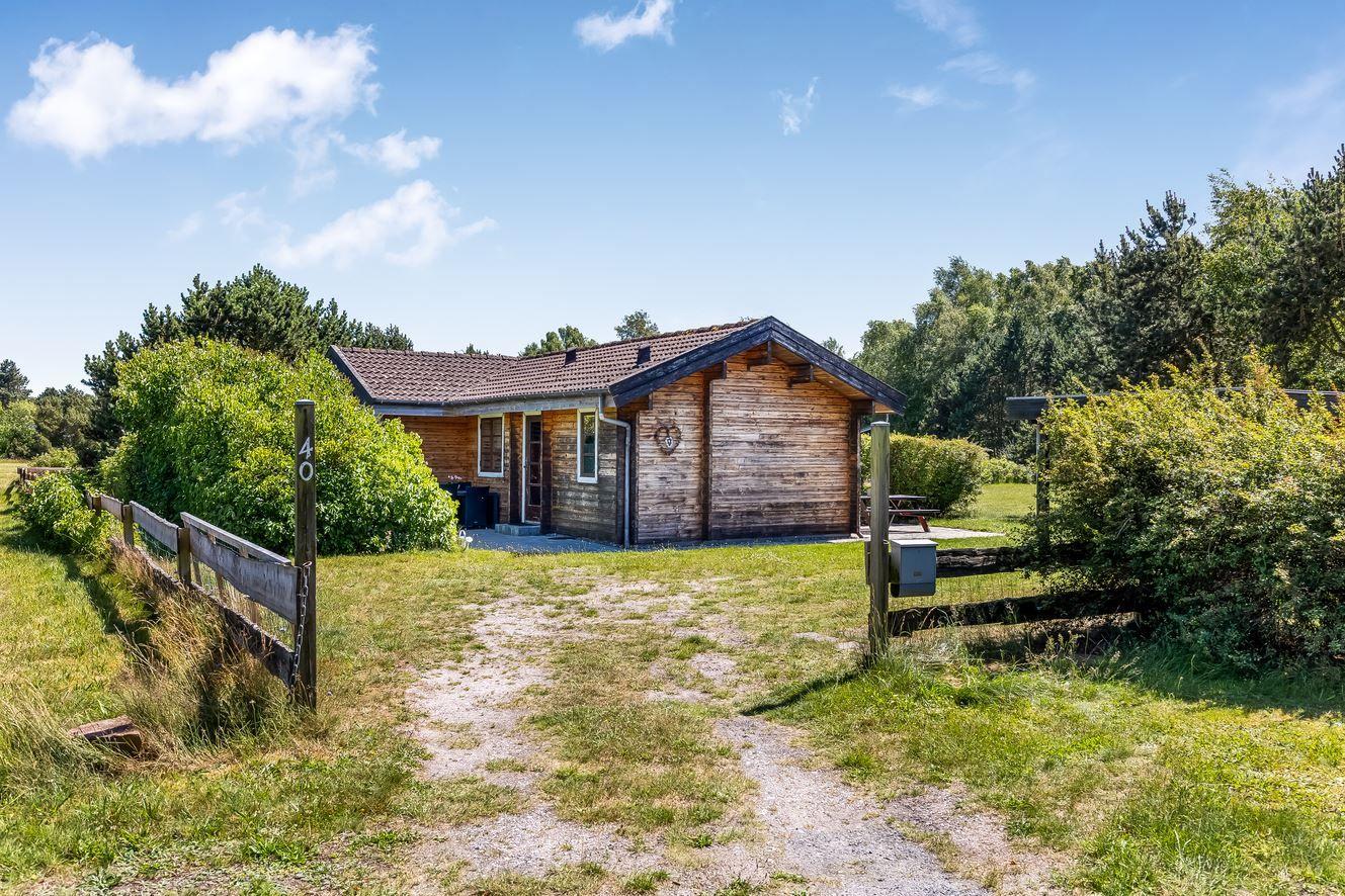 Holzhaus mit Garten und Wald im Hintergrund.