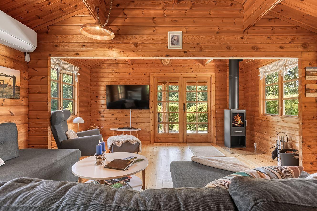 Wohnzimmer mit Holzwand, Kamin und TV. Fenster und Türen blicken auf Garten.