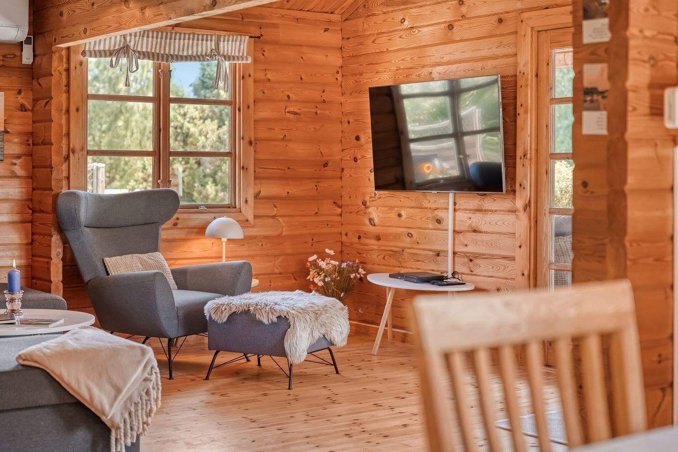 Wohnraum mit Holzwand, Sessel, Fernseher und Fenster.
