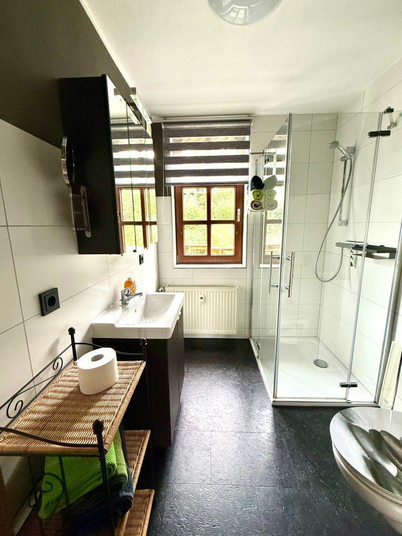 Badezimmer mit Dusche, Waschbecken und Fenster in der Ferienwohnung Harztraum an der alten Stadtmauer in Blankenburg