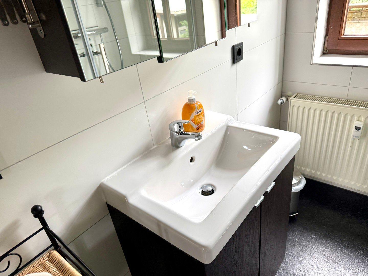 Badezimmer mit Dusche, Waschbecken und Fenster in der Ferienwohnung Harztraum an der alten Stadtmauer in Blankenburg