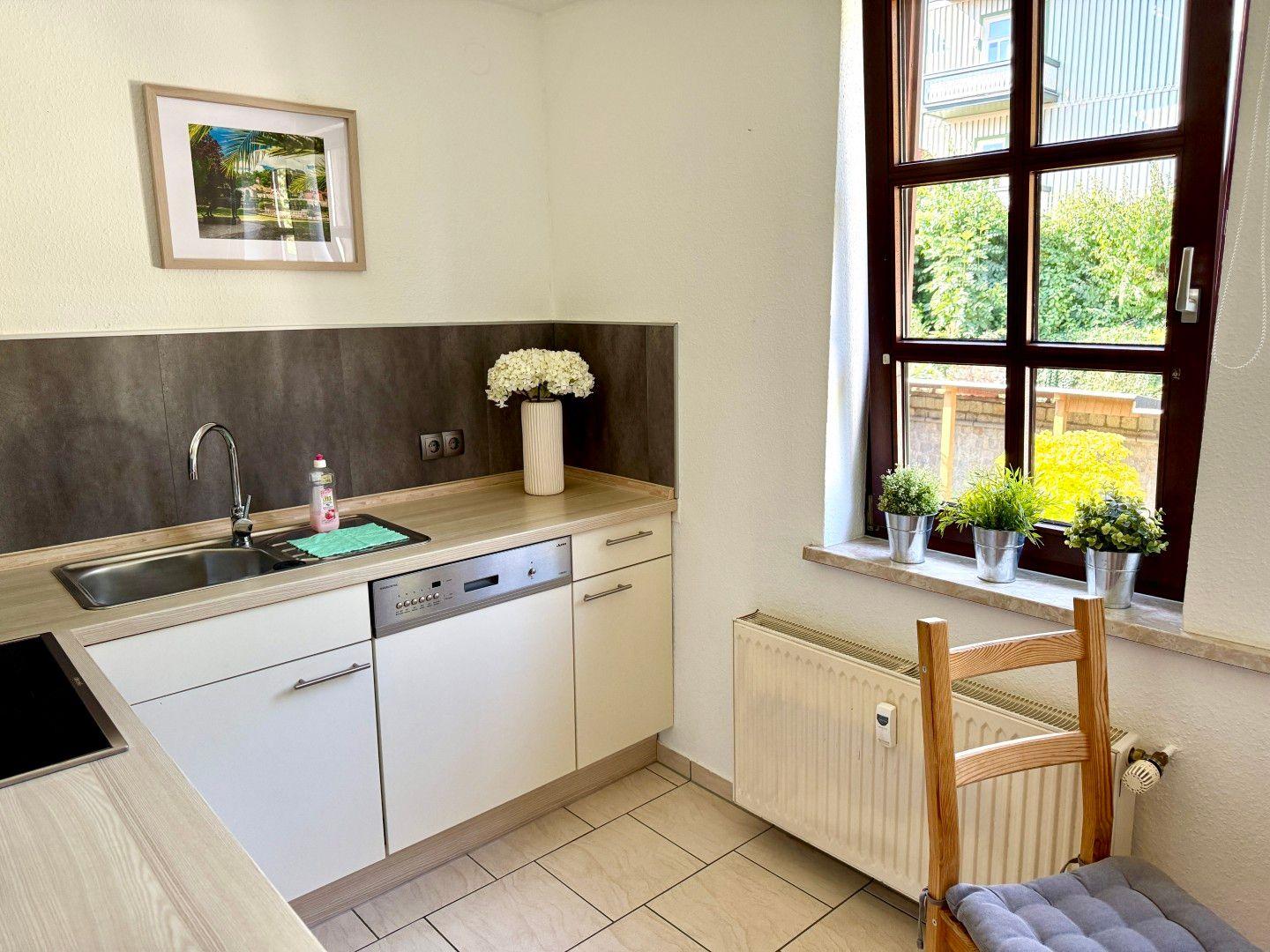 Küche mit Backofen, Ceranfeld, Mikrowelle und Kaffeemaschine in unserer Ferienwohnung Harztraum in Blankenburg im Harz