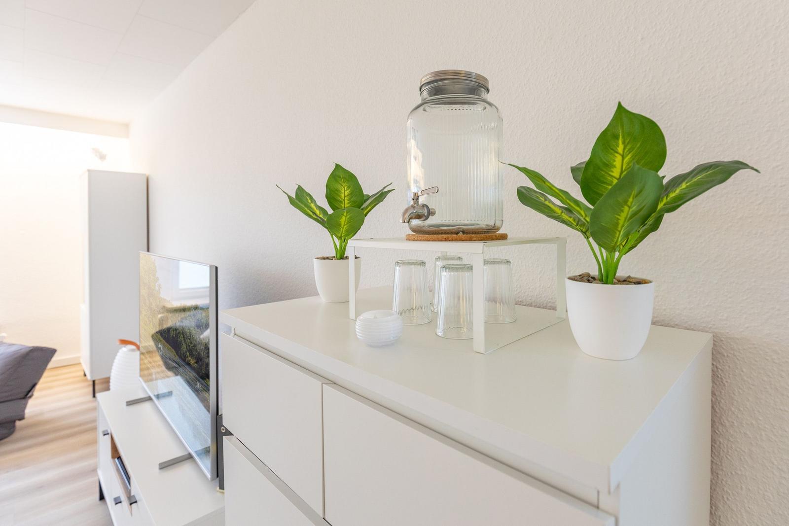 Weißer Schrank mit Pflanzen, Wasserglas und Gläsern. Fernseher und Wohnbereich im Hintergrund.