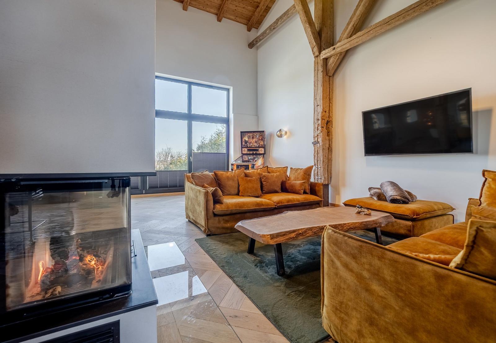 Wohnzimmer mit Kamin, Sofa und Fernseher