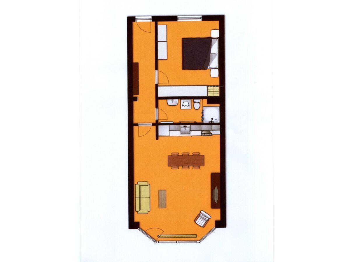 Floor plan with bedroom, kitchen, bathroom, and living room.