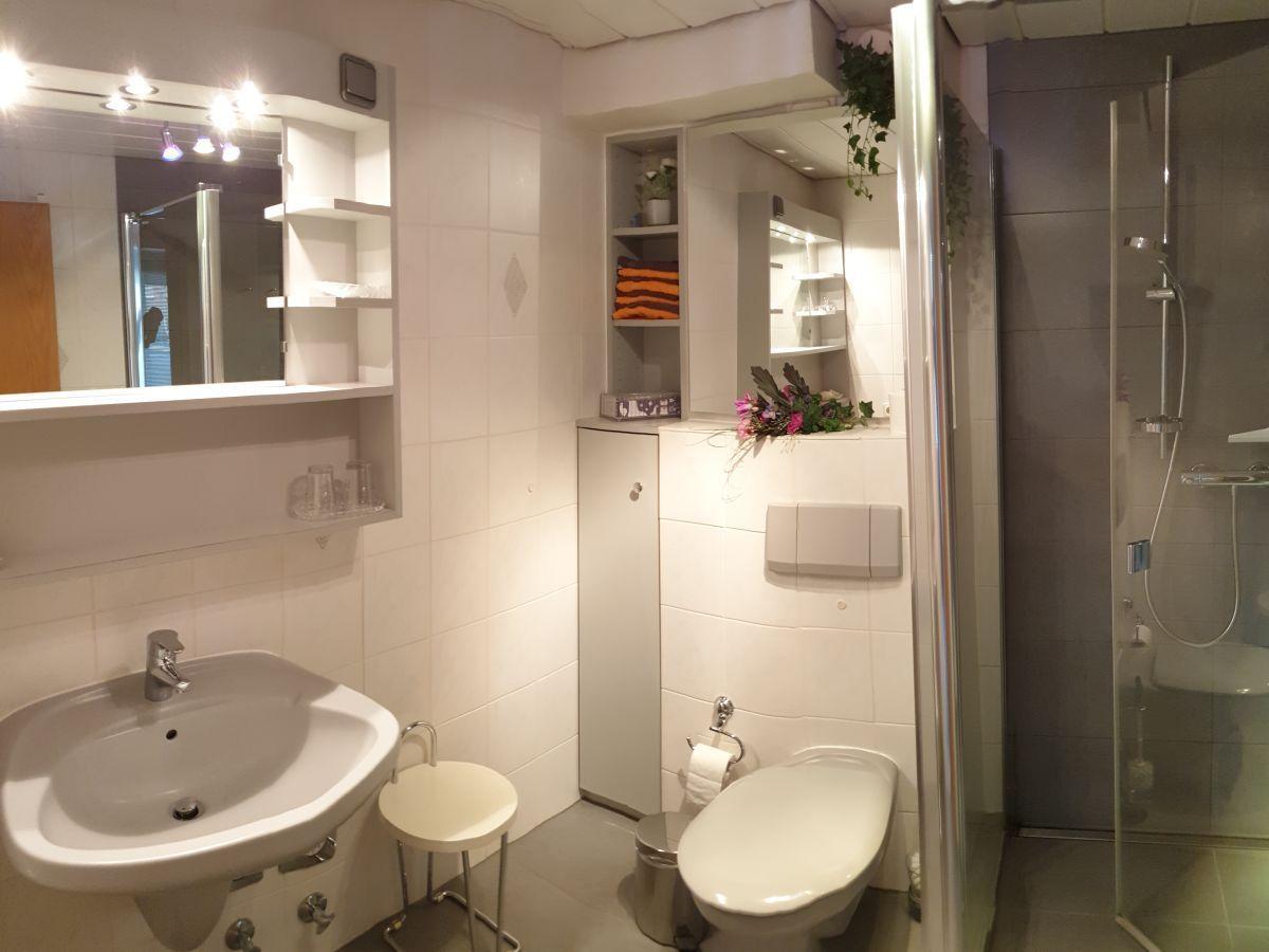 Badezimmer mit Dusche, Waschbecken und Toilette.