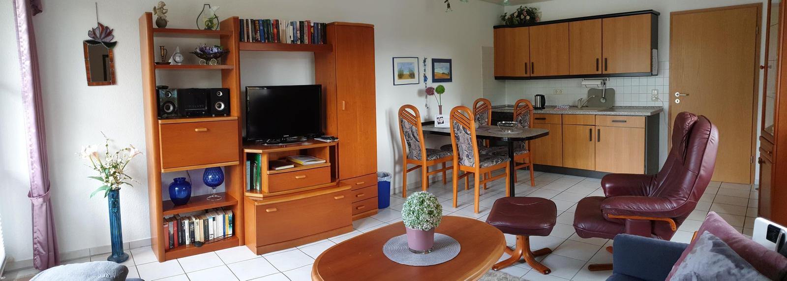 Wohnzimmer mit Essbereich, Küche und Ledersessel.