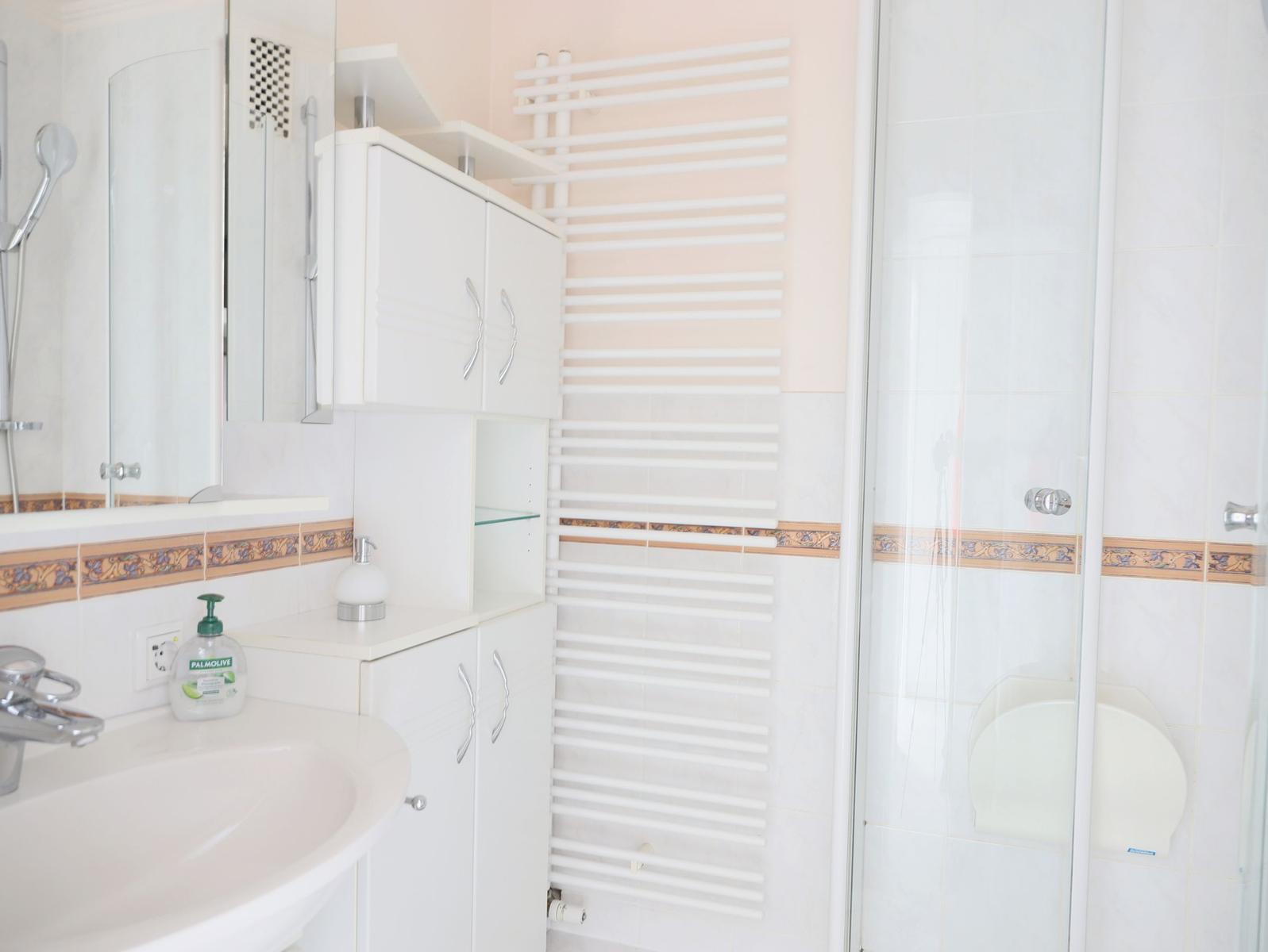 Badezimmer mit Dusche, Waschbecken und Heizkörper