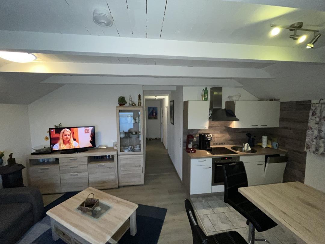 Living kitchen with TV, dining table, and modern kitchen unit.