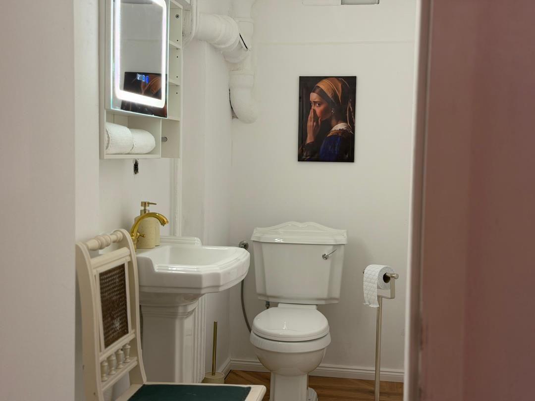 Bathroom with toilet, sink, and mirror cabinet. Wall painting and wooden floor.
