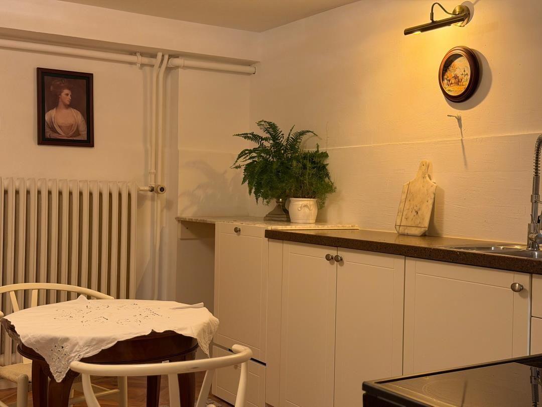 Kitchen with table, plant, and picture on the wall.
