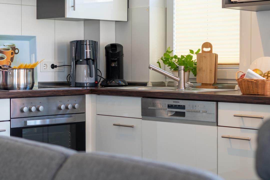 Küche mit Kochfeld, Spüle und integriertem Spülmaschinenbereich.