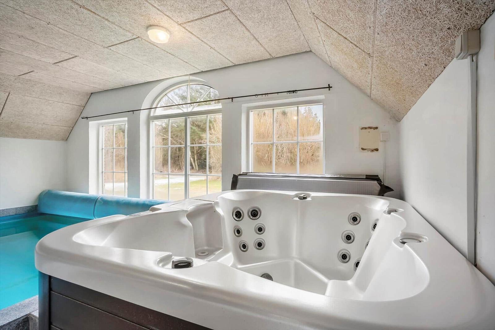 Whirlpool und Pool unter einem schrägen Dach mit Fenstern