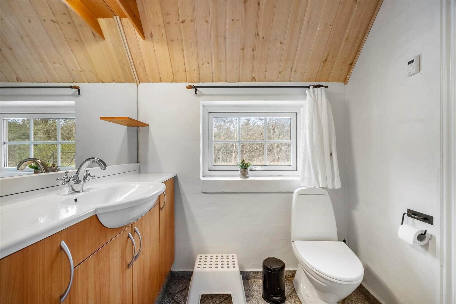 Badezimmer mit Holzdecke, Waschbecken, Toilette und Fenster