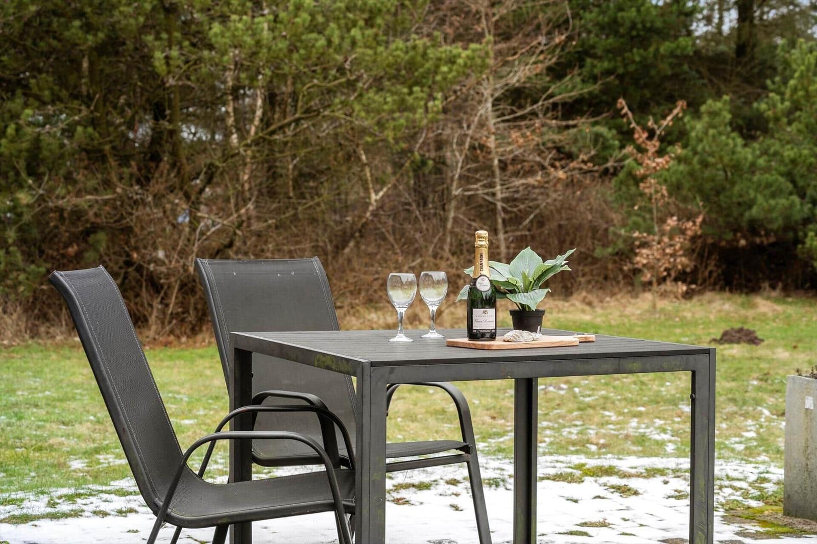 Außenbereich mit Tisch, zwei Stühlen, Champagner und Pflanze auf schneebedecktem Gras.