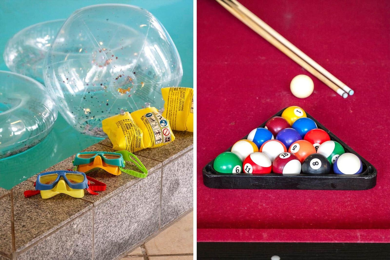 Pool mit Schwimmringen und Schwimmbrillen. Billardtisch mit Kugeln und Queue.