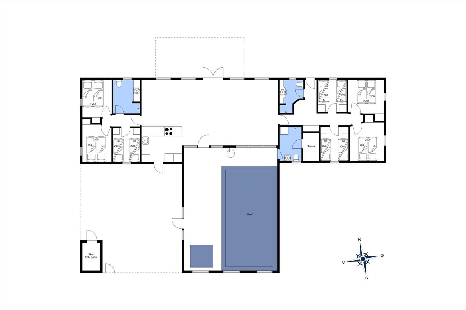 Grosses Ferienhaus mit Pool, Sauna und mehreren Schlafzimmern.