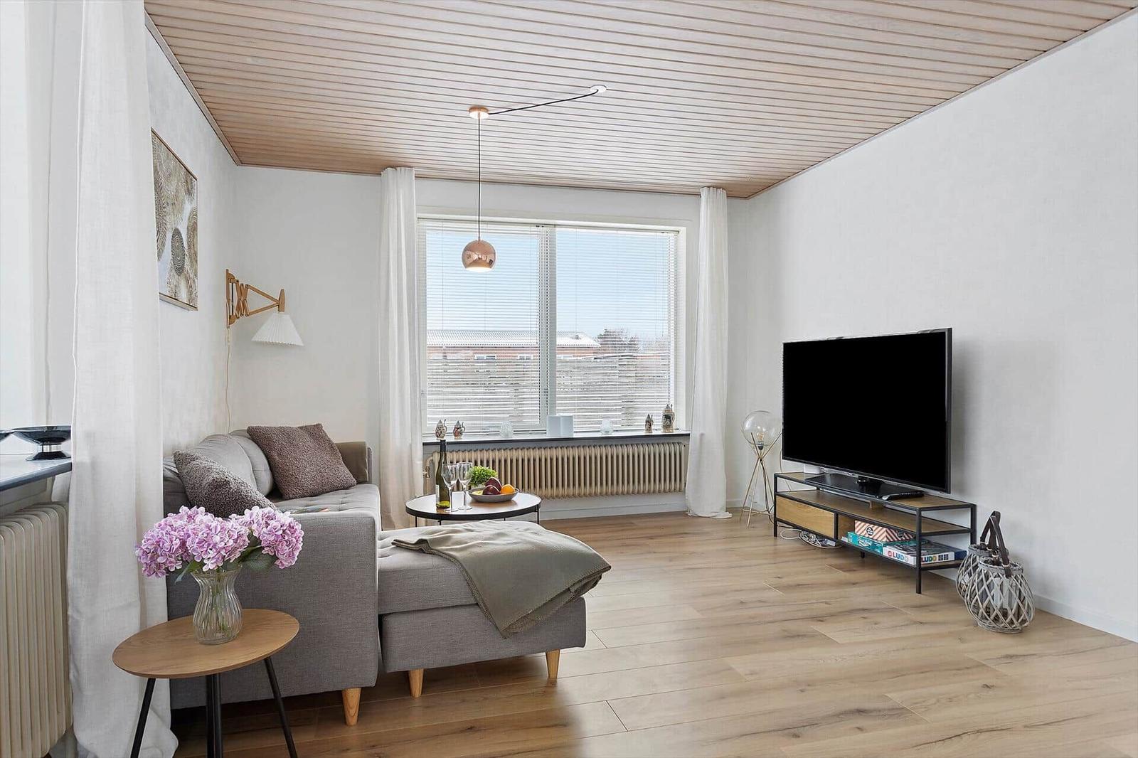 Living room with sofa, TV, and wooden floor