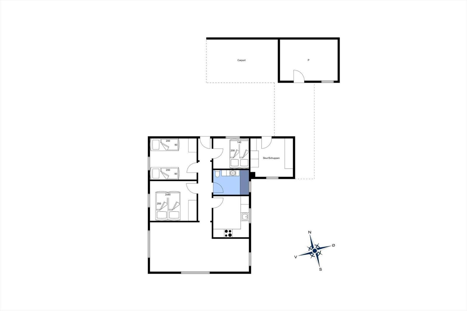 Functional floor plan with three bedrooms, kitchen, and bathroom.