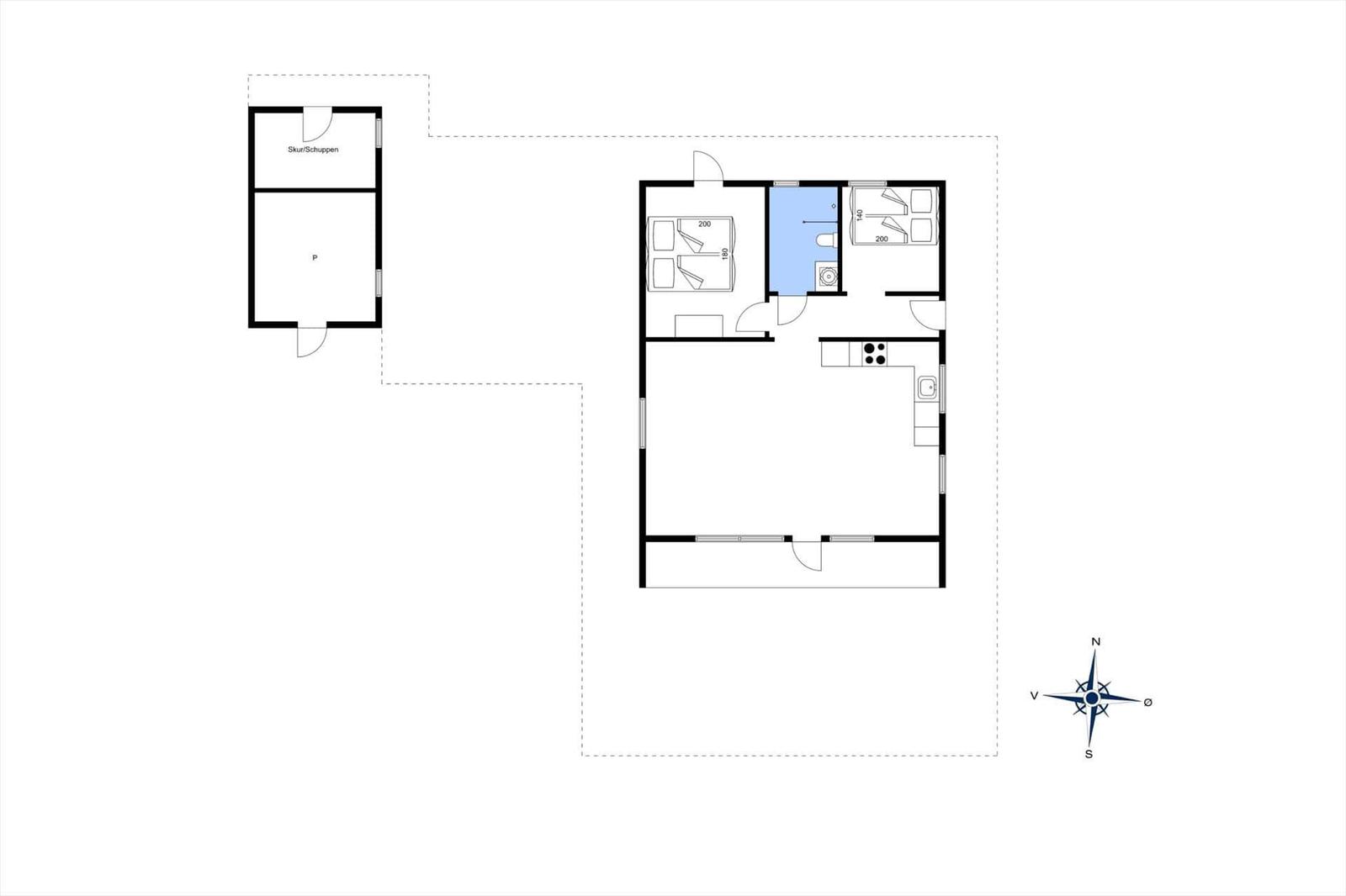 Apartment with kitchen, bedroom, and bathroom. Adjacent space as garage or shed.