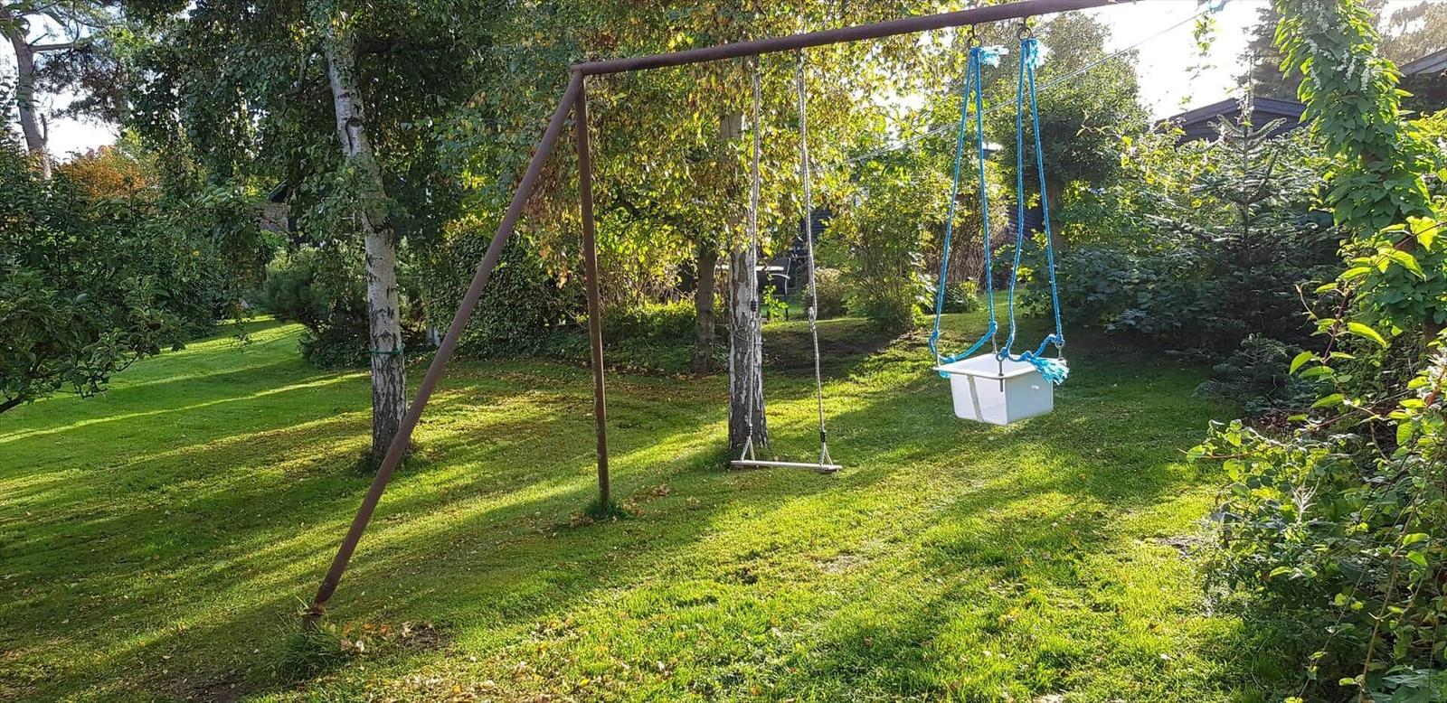 Ein Schaukelstuhl mit blauen Seilen steht im Garten. Hinter ihm sind Bäume und Sträucher.