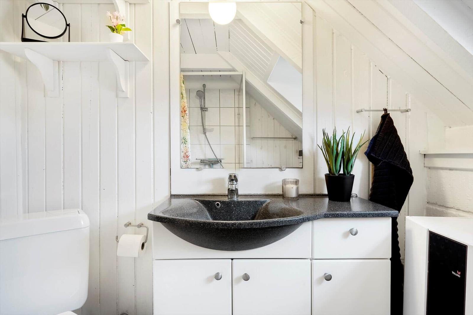 Badezimmer mit Waschbecken, Spiegel und Dusche unter Dachschräge.