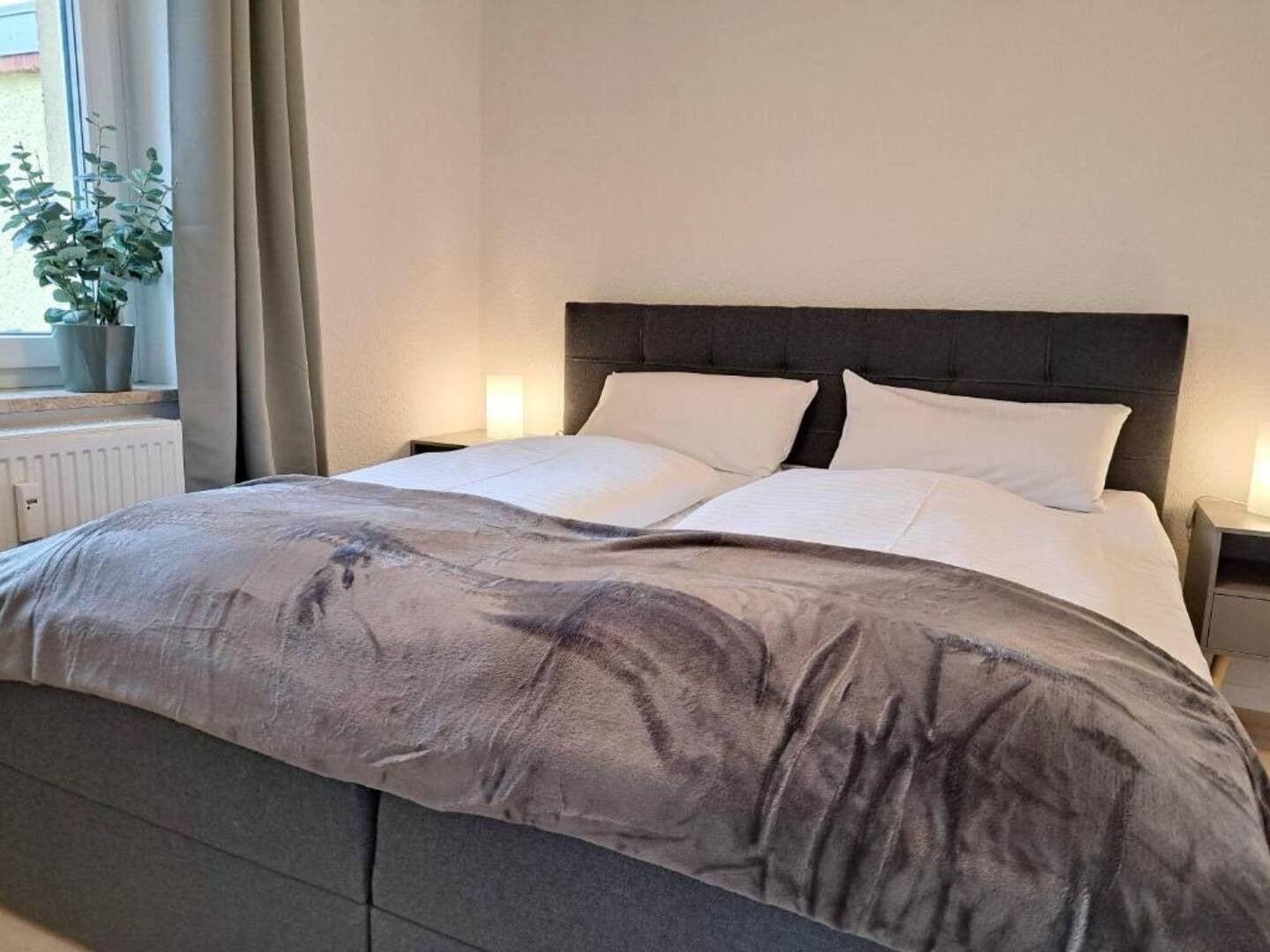 Schlafzimmer mit Doppelbett, Nachttischen und Pflanze am Fenster.