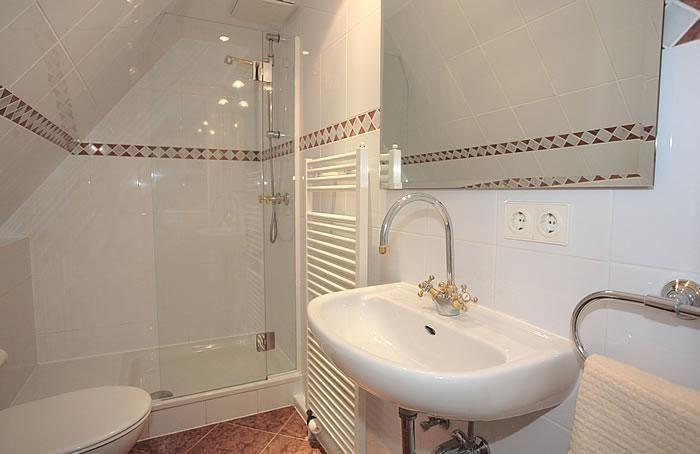 Badezimmer mit Dusche, Waschbecken und Spiegel