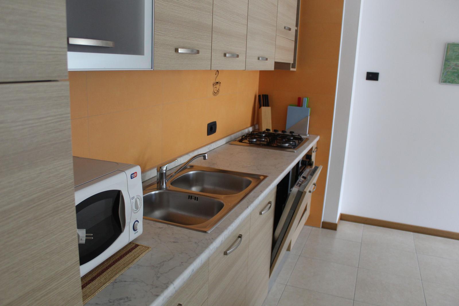 Küche mit Dunstabzug, Spüle, Herd und Mikrowelle