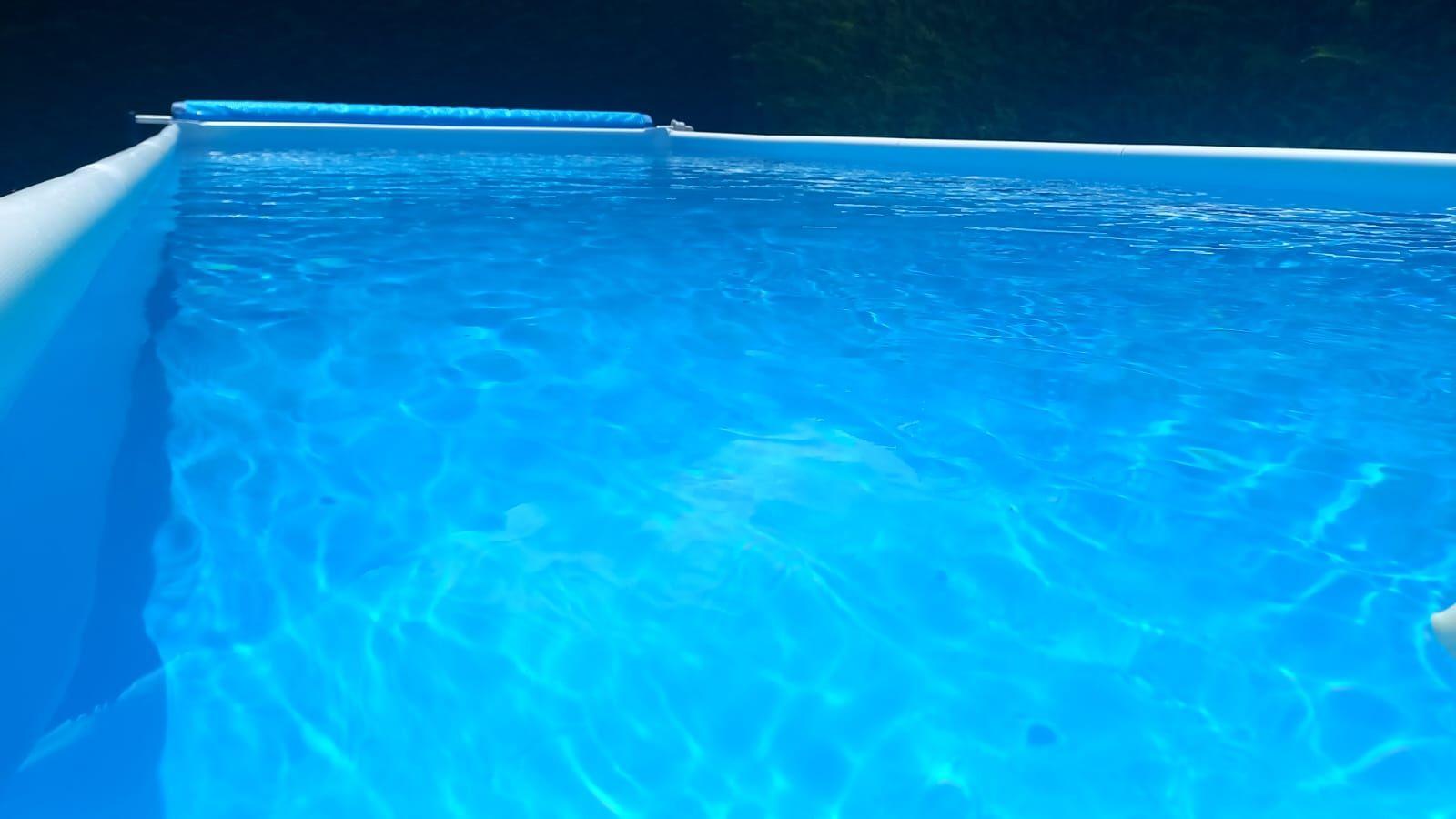 Ein blauer Pool mit weißem Rand und grüner Umgebung.