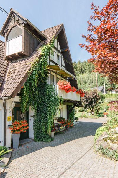 Haus mit Balkon, Kletterpflanzen und Blumen, gepflasterter Weg und roter Laubbaum