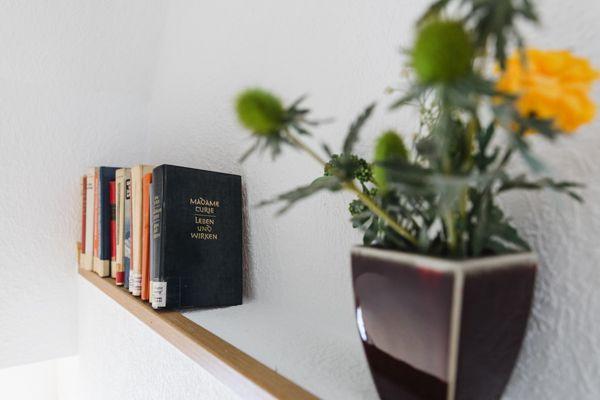 Regal mit Büchern und Pflanze in Vase