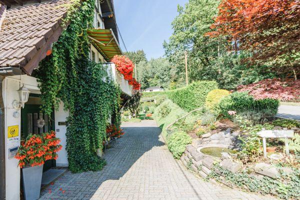 Pflanzengestützter Eingang mit Kiesweg und kleinem Teich